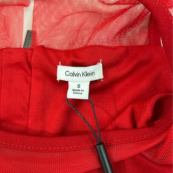 Calvin Klein Girls Red Fit & Flare Dress With Sheer Mesh Details & Bow Accent Si - Picture 7 of 11